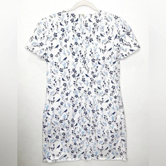 Draper James Bird Floral Printed White Denim Shift Dress Fray Hem - Picture 3 of 7